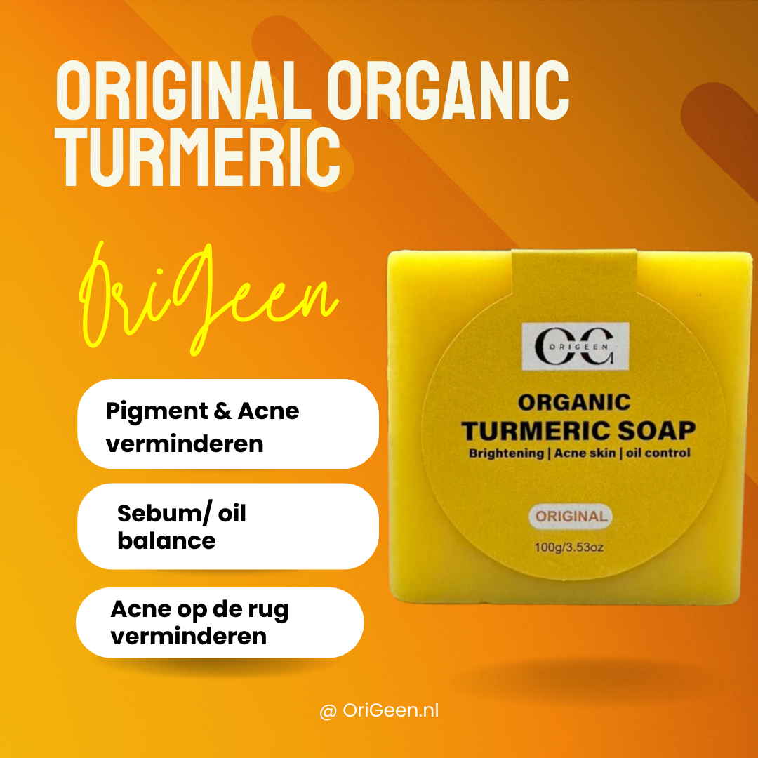 Natuurlijke turmeric zeep voor het verminderen van acne, littekens, acne-pigmentatie en het balanceren van de talgproductie. Geschikt voor dagelijks gebruik voor een stralende en gezonde huid.