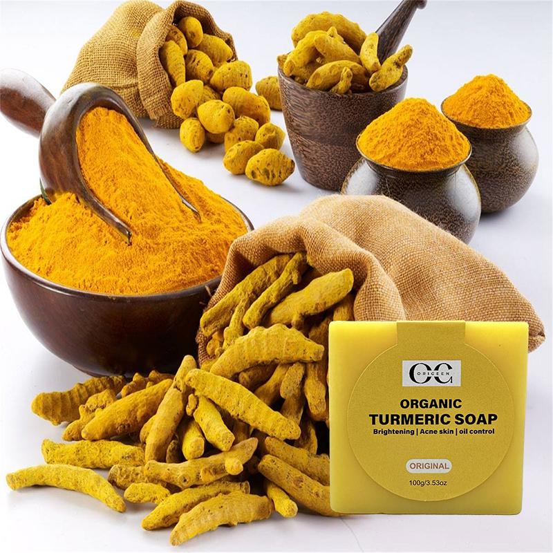 Natuurlijke turmeric zeep voor het verminderen van acne, littekens, acne-pigmentatie en het balanceren van de talgproductie. Geschikt voor dagelijks gebruik voor een stralende en gezonde huid.