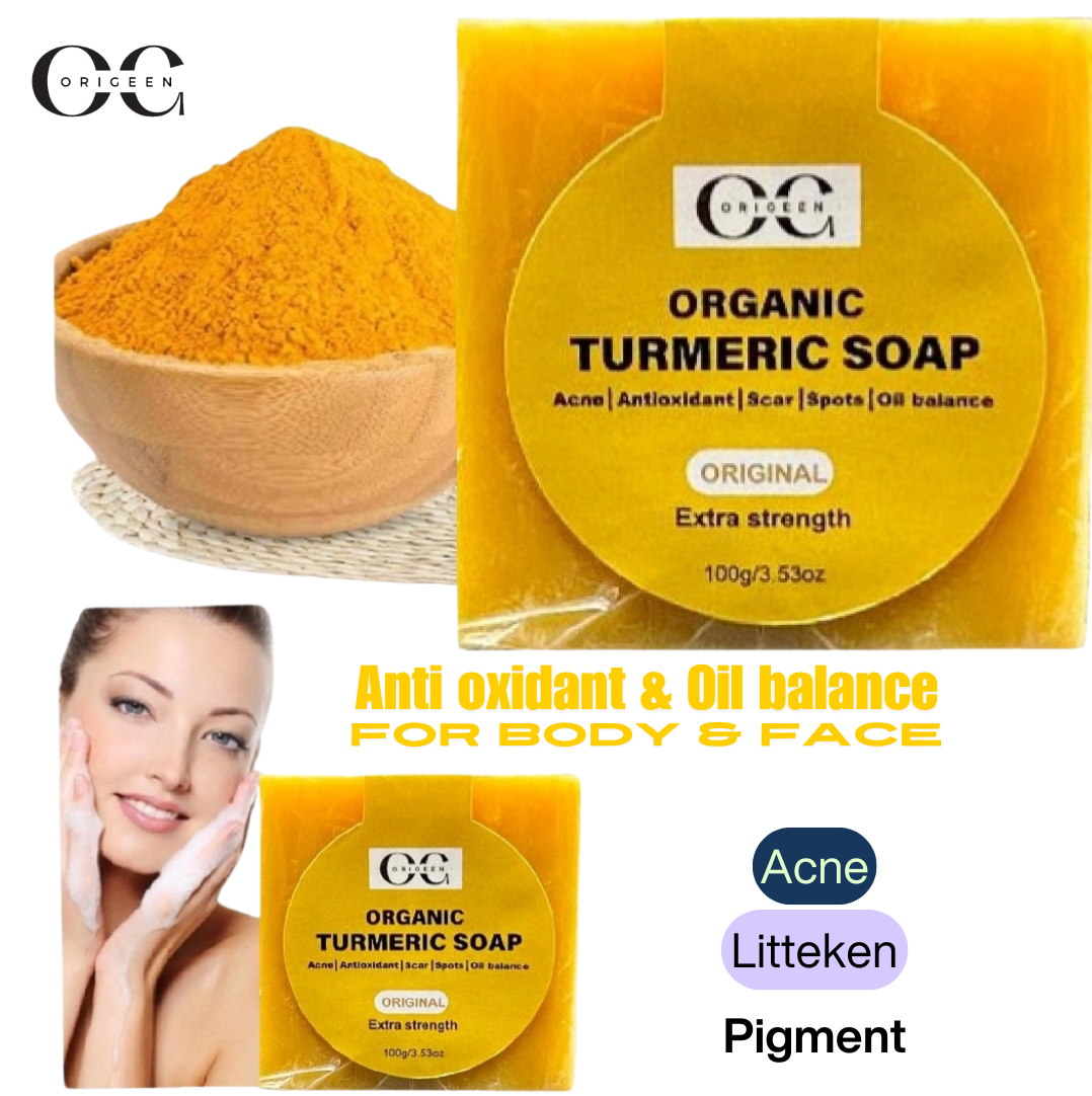 n
natuurlijke turmeric zeep voor acne, littekens, acnepigmentatie, en sebum balans. Handgemaakte zeep met verzorgende eigenschappen voor een zuivere en stralende huid