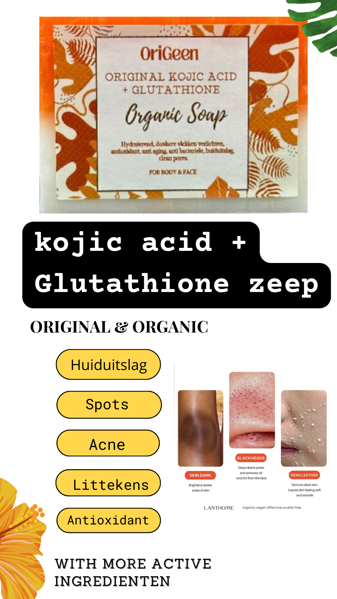 Glutathione & Kojic Acid Zeep – Organic & Original | Anti-Aging, Anti-Pigment & Antioxidant | Verheldert Donkere Vlekken, Reinigt Poriën & Vermindert Eczeem