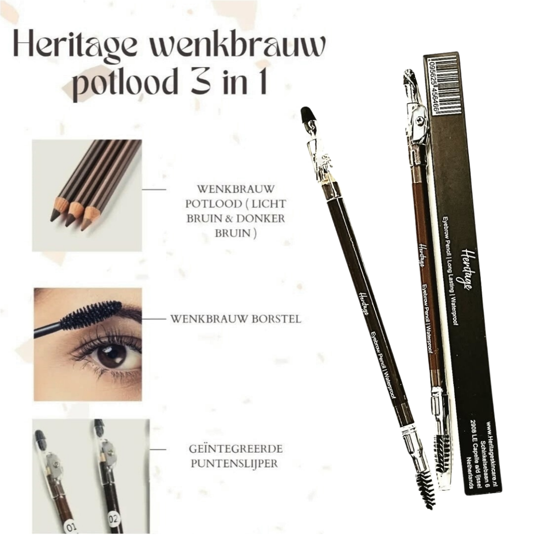 Heritage Wenkbrauw potlood met punten slijper en borstel - Waterproof - Long lasting - Ideaal voor vakantie