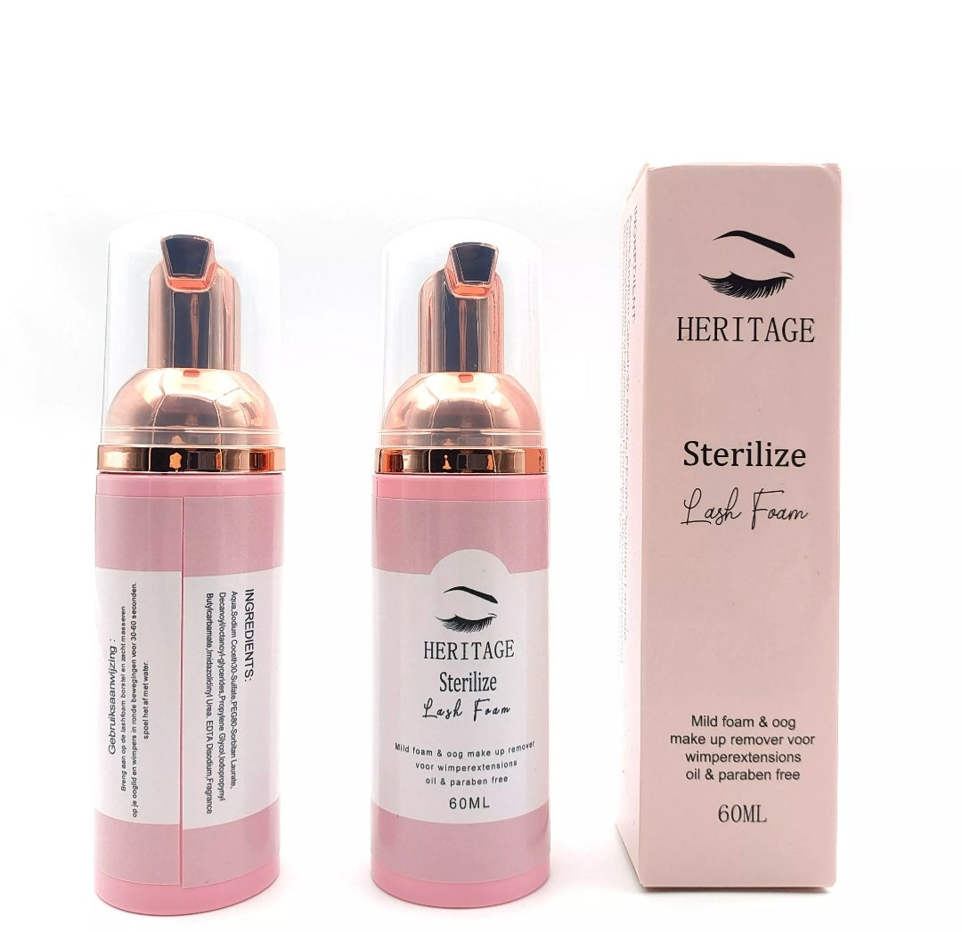 Heritage Foam Lash Cleanser en make up remover voor wimperextensions, olievrij en sterilizerend