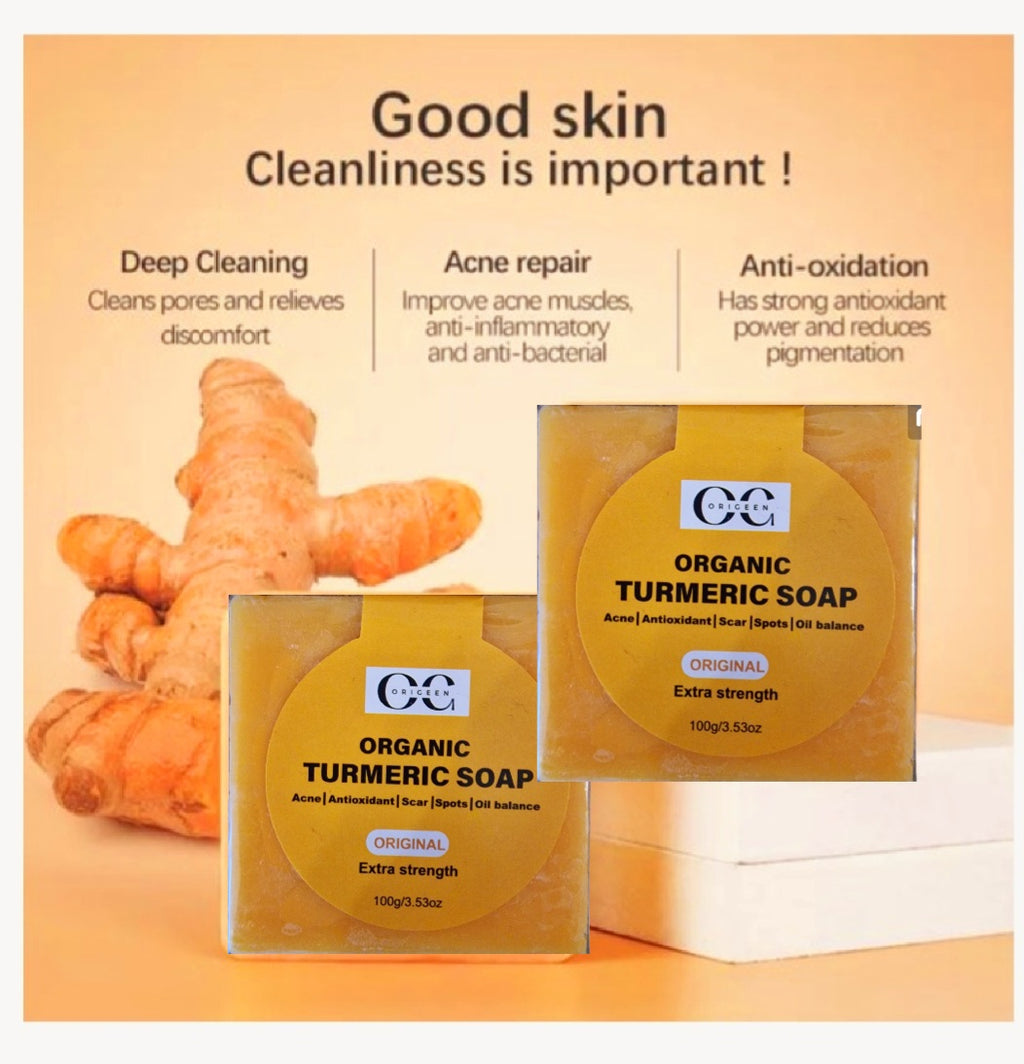 Natuurlijke turmeric zeep voor het verminderen van acne, littekens, acne-pigmentatie en het balanceren van de talgproductie. Geschikt voor dagelijks gebruik voor een stralende en gezonde huid.